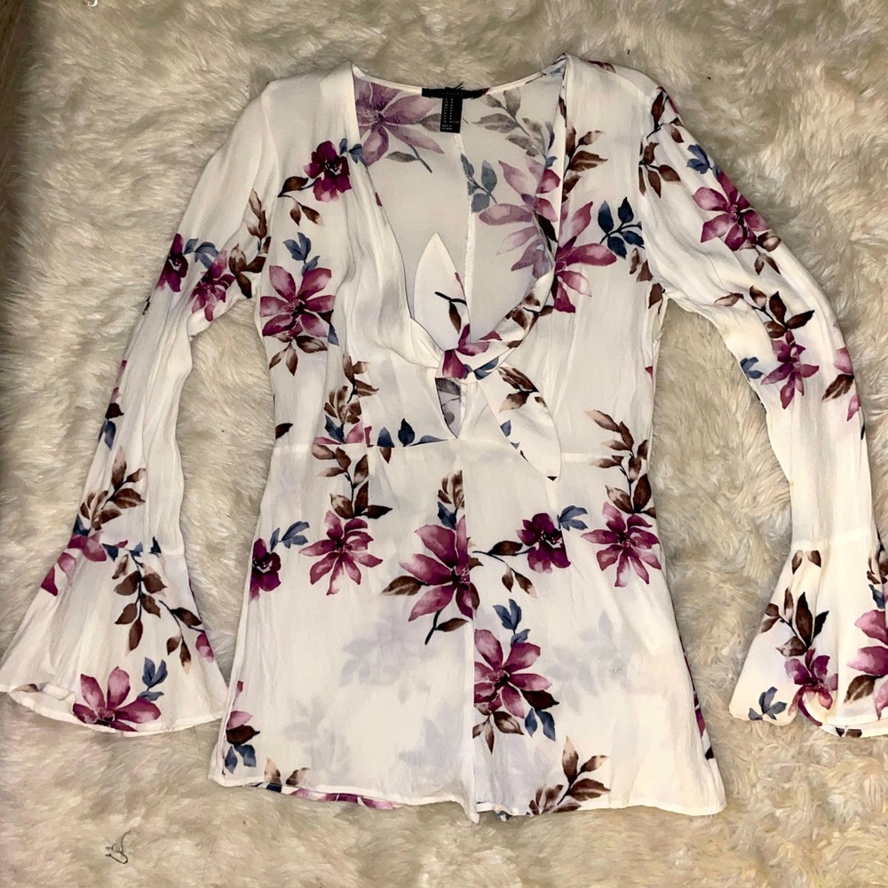Long-sleeve floral print romper with tie-front
